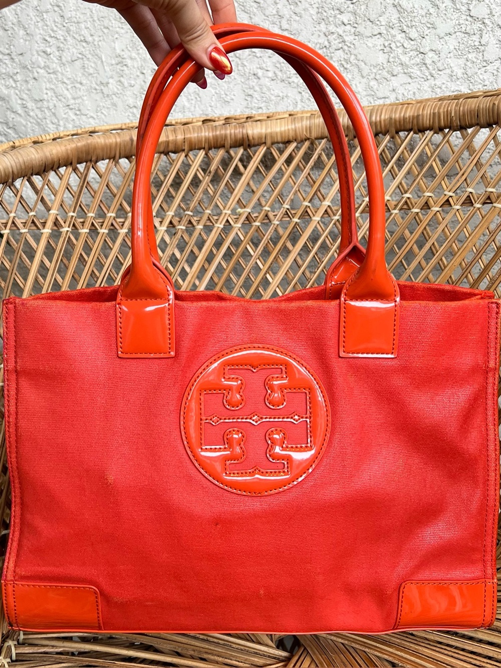 TORY BURCH Nylon Handbag Tote Bag logo Orange Authentic 13"
